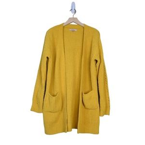Love Tree Womens L Open Front Patch Pocket Chenille Cardigan Mustard Yellow